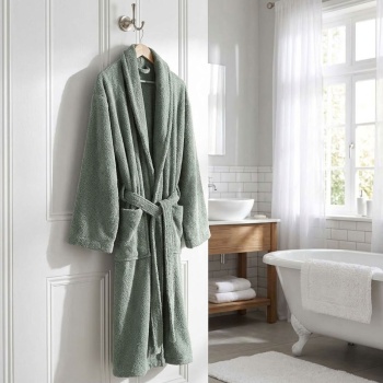 Bequemer Bademantel in Zederngrün aus 100% Baumwolle und Frottier mit Schalkragen in Einheitsgrösse - als Morgenmantel für Sauna und Wellness