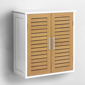 Preview: Schöner Wandschrank in Weiss & Holzoptik für Bad und Küche: Kompakter Wandregal & Medizinschrank als praktischer Hängeschrank