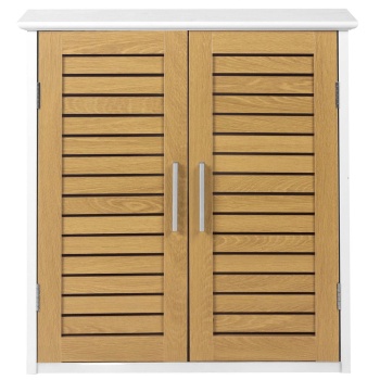 Preview: Schöner Wandschrank in Weiss & Holzoptik für Bad und Küche: Kompakter Wandregal & Medizinschrank als praktischer Hängeschrank