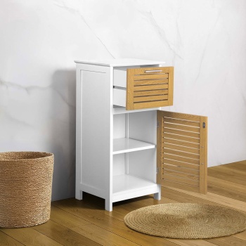 Preview: Eleganter Badschrank Weiss & Holz-Optik 83x36.5x30 cm – Moderner Badezimmerschrank & Hochschrank für Bad, Gäste-WC & Wellness-Oase