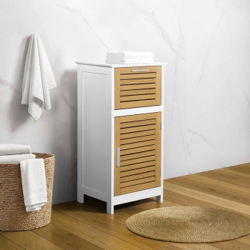 Preview: Eleganter Badschrank Weiss & Holz-Optik 83x36.5x30 cm – Moderner Badezimmerschrank & Hochschrank für Bad, Gäste-WC & Wellness-Oase