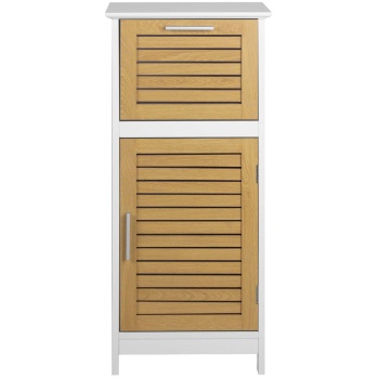 Preview: Eleganter Badschrank Weiss & Holz-Optik 83x36.5x30 cm – Moderner Badezimmerschrank & Hochschrank für Bad, Gäste-WC & Wellness-Oase