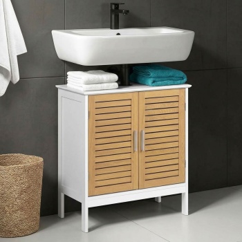 Eleganter Waschtischunterschrank Weiss & Holz-Optik: Badschrank aus MDF, moderner Waschbeckenunterschrank & Badezimmerschrank mit Türen