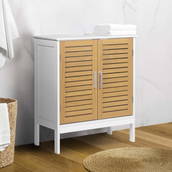 Preview: Eleganter Waschtischunterschrank Weiss & Holz-Optik: Badschrank aus MDF, moderner Waschbeckenunterschrank & Badezimmerschrank mit Türen