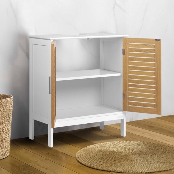 Preview: Eleganter Waschtischunterschrank Weiss & Holz-Optik: Badschrank aus MDF, moderner Waschbeckenunterschrank & Badezimmerschrank mit Türen