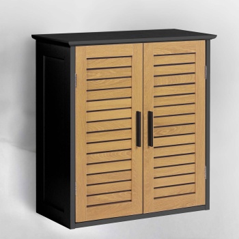 Preview: Schöner Wandschrank in Schwarz & Holzoptik für Bad und Küche: Kompakter Wandregal & Medizinschrank als praktischer Hängeschrank