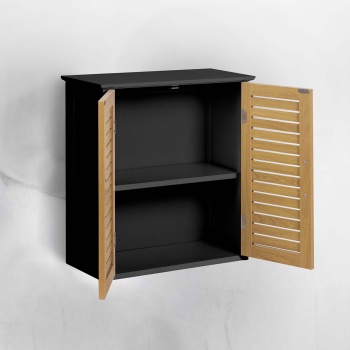 Preview: Schöner Wandschrank in Schwarz & Holzoptik für Bad und Küche: Kompakter Wandregal & Medizinschrank als praktischer Hängeschrank