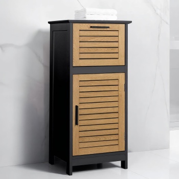 Eleganter Badschrank Schwarz & Holz-Optik 83x36.5x30 cm – Moderner Badezimmerschrank & Hochschrank für Bad, Gäste-WC & Wellness-Oase