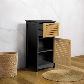 Preview: Eleganter Badschrank Schwarz & Holz-Optik 83x36.5x30 cm – Moderner Badezimmerschrank & Hochschrank für Bad, Gäste-WC & Wellness-Oase