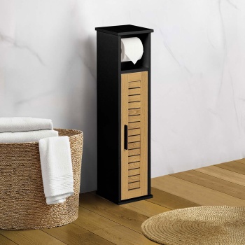 Preview: Toilettenpapier Schrank 75x18x18 cm aus MDF in Schwarz: Schmaler Badschrank & WC Papier Halter stehend für die Nische zur Aufbewahrung
