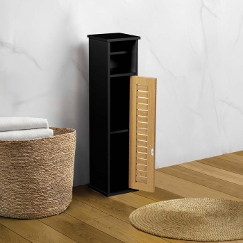 Preview: Toilettenpapier Schrank 75x18x18 cm aus MDF in Schwarz: Schmaler Badschrank & WC Papier Halter stehend für die Nische zur Aufbewahrung