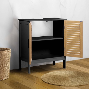Preview: Eleganter Waschtischunterschrank Schwarz & Holz-Optik: Badschrank aus MDF, moderner Waschbeckenunterschrank & Badezimmerschrank mit Türen
