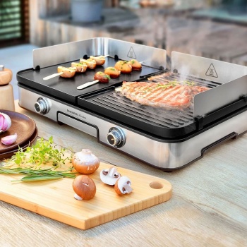 Preview: Elektrischer Barbecue-Grill mit 2 getrennten Grillzonen, Beidseitige Wendegrillplatten, Edelstahl Windschutz & Fettauffangschale, 2 Zonen Tischgrill