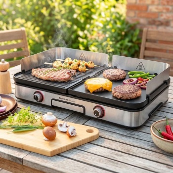 Elektrischer Barbecue-Grill mit 2 getrennten Grillzonen, Beidseitige Wendegrillplatten, Edelstahl Windschutz & Fettauffangschale, 2 Zonen Tischgrill