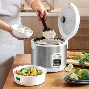 Preview: Profi Reiskocher 2 Liter mit Warmhaltefunktion & Dampfschale Einsatz - Kompakter Dampfgarer für Reis, Gemüse, Fisch & Fleisch