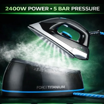 Preview: Force Titanium Dampfbügeleisen mit Dampfstation 2400 W, 5 bar, 120 g/min Dampf, Vertikaldampf, Anti-Tropf, Kalkschutz & Selbstreinigung