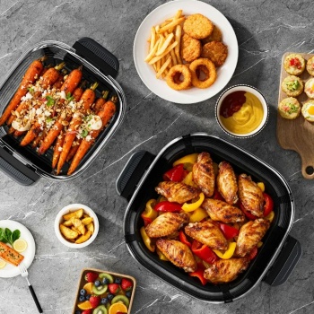 Preview: Heissluftfritteuse mit 2 Glasbehältern 1,5 L & 4 L, 1500 W, Luftfritteuse ohne Öl mit voller Sicht, 80–200 °C, 60 Min. Timer, Cool-Touch, Schwarz