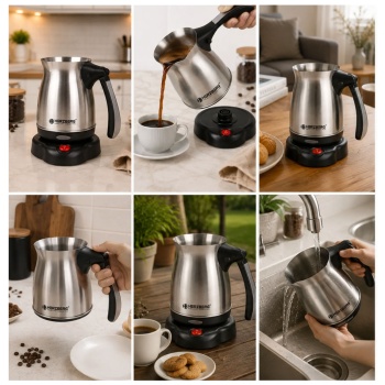 Preview: Elektrische türkische Kaffeemaschine 600 W, 0,5 L Mokkakanne aus Edelstahl, 360° Sockel, klappbarer Griff, Abschaltautomatik, Cezve elektrisch