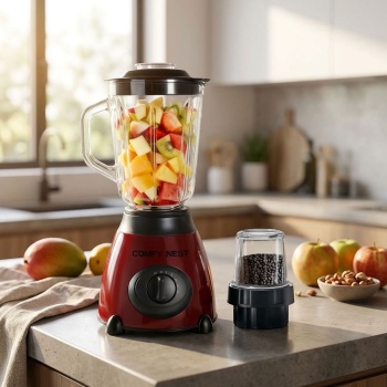 2-in-1 Standmixer mit Glasbehälter 1,5 L und Mühle 0,4 L, 800 W, 5 Stufen & Pulsfunktion, Eis crushen, Gewürz- & Kaffeemühle, Edelstahl, Rot