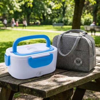 Preview: Elektrische Lunchbox 1,5 L mit 2 Fächern & Edelstahleinsatz, 3-in-1 für Steckdose, Auto 12 V & LKW 24 V, Speisewärmer tragbar mit Tasche