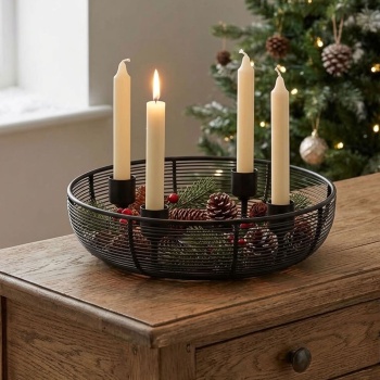 Preview: Stilvoller Adventskranz aus Metall, Schwarz Ø 20,5 cm für 4 Tafelkerzen - Moderner Kerzenhalter & Kerzenständer für Tisch & Weihnachtsdeko
