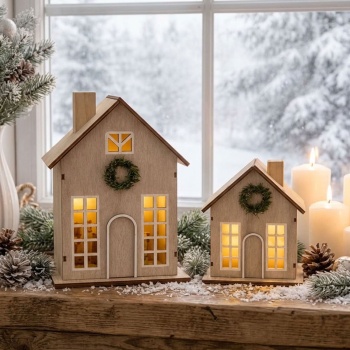 2er-Set Schönes Deko LED Haus mit Timer 11,5x8x17/24x15,5x9,5 cm: Beleuchtete Miniatur Häuser aus Kunstholz für Tischdeko & Fenster, warmweisses Licht