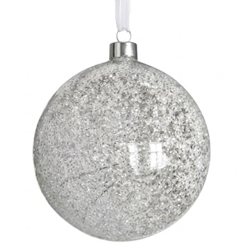Preview: Elegante Dekokugel aus Glas gefrostet mit 20 LEDs: warmweiss hängend für Weihnachten mit Timer, Batterie - Ø 12cm Deko Leuchte