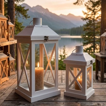 Preview: 2er-Set MDF-Holz Laternen in Weiss-matt – Stilvolles Windlicht Set für Kerzen als gemütliche Tischdekoration für Wohnzimmer, Balkon & Garten