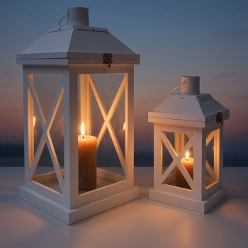 Preview: 2er-Set MDF-Holz Laternen in Weiss-matt – Stilvolles Windlicht Set für Kerzen als gemütliche Tischdekoration für Wohnzimmer, Balkon & Garten