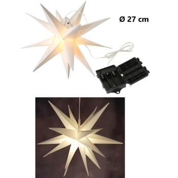 Preview: 3D LED Leuchtstern Ø27 cm, Warmweiss mit Timer & IP44 - Schöner faltbarer Adventsstern mit Batterie für Fenster, Balkon & Weihnachtsdeko