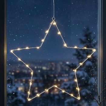 Preview: Stimmungsvoller LED Metallstern Ø40 cm mit Saugnapf fürs Fenster, 30 warmweisse Lichter, Timer & Batterriebetrieb, Weihnachtsdeko
