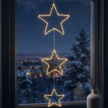 Preview: Elegante 3 LED Sterne zum Aufhängen, 180 warmweisse Lichter, Batterie mit Timer, Deko für Fenster & Weihnachten, weiss