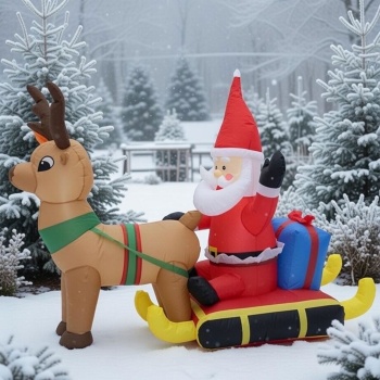 Preview: Aufblasbarer Weihnachtsmann mit Rentierschlitten LED 132 cm, Deko-Nikolaus mit Gebläse, IP44 Indoor & Outdoor Weihnachtsdeko