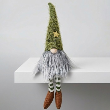 Preview: Wichtel Kantenhocker Weihnachten 28 cm, grüne Sternmütze & Flauschbart, Stoff Wichtel grün-weiss geringelt, Regal & Fensterbank Deko