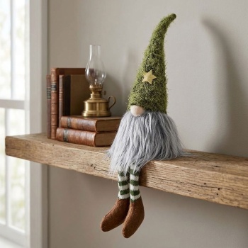 Wichtel Kantenhocker Weihnachten 28 cm, grüne Sternmütze & Flauschbart, Stoff Wichtel grün-weiss geringelt, Regal & Fensterbank Deko