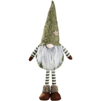 Preview: Weihnachtswichtel Deko mit Teleskopbeinen, grüne Sternmütze & Flauschbart, Stoff Wichtel 63 cm, grün-weiss geringelt, Weihnachtsdeko