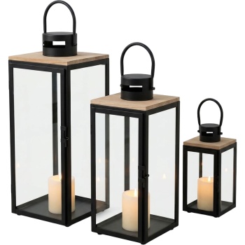 Preview: Laternen 3er Set aus Holz & Metall, schwarz mit Glas und Fichtenholz-Deckel, 48/40/29 cm, Windlicht mit Tragegriff & Tür, Deko Laterne