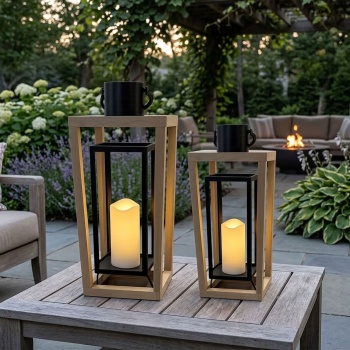 2er-Set Laterne aus Holz & Metall mit LED Kerze und Timer, 38 cm & 48,5 cm, offenes Design in Natur-Schwarz, flammenlose Deko, Laternen mit Griff