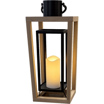 Preview: 2er-Set Laterne aus Holz & Metall mit LED Kerze und Timer, 38 cm & 48,5 cm, offenes Design in Natur-Schwarz, flammenlose Deko, Laternen mit Griff