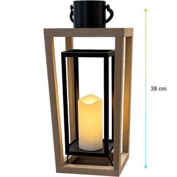 Preview: Laterne aus Holz & Metall mit LED Kerze und Timer, 38 cm, offenes Design in Natur-Schwarz, flammenlose Deko Laterne mit Griff