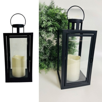 Preview: Laterne mit LED-Kerze und Timer, H 27,5 cm, schwarze Deko-Laterne mit Tragering & Tür, flammenlose Kerze in Creme, batteriebetrieben