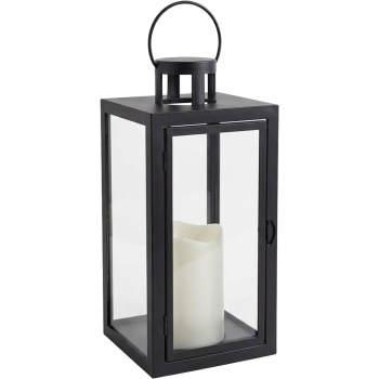 Preview: Laterne mit LED-Kerze und Timer, H 27,5 cm, schwarze Deko-Laterne mit Tragering & Tür, flammenlose Kerze in Creme, batteriebetrieben