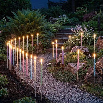 Preview: Gartenfackeln Wachs 20er Set bunt, Wachsfackeln 70 cm mit Holzstab und Baumwolldocht, ca. 3 Std. Brenndauer, Outdoor Fackeln in Pastellfarben