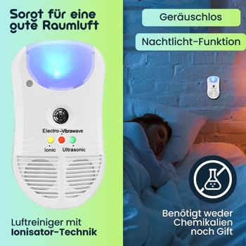 Preview: 3in1 Ultraschall Insektenvertreiber mit Ionen Luftreiniger und PIR Sensor Nachtlicht, praktisch für die Steckdose, schützt bis zu 30 qm, 3 Kontroll LEDs