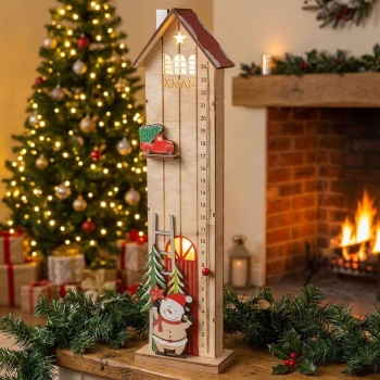 LED Adventskalender aus Holz im Hausdesign, 45,5 cm, Weihnachts-Countdown beleuchtet - Zahlen 1–24, Schneemann & Weihnachtsauto, Weihnachtsdeko