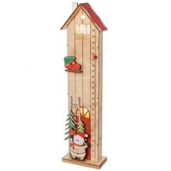Preview: LED Adventskalender aus Holz im Hausdesign, 45,5 cm, Weihnachts-Countdown beleuchtet - Zahlen 1–24, Schneemann & Weihnachtsauto, Weihnachtsdeko