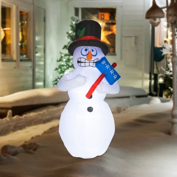 Preview: Aufblasbarer Schneemann 180 cm mit LED-Beleuchtung, bibbernder Schneemann mit Zylinder & Brrr-Schild, selbstaufblasend, Weihnachtsdeko für Garten