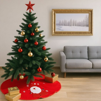 Preview: Christbaumdecke rund 90 cm rot mit Weihnachtsmann-Motiv & Schneeflocken, Weihnachtsbaumdecke aus Polyester, Baumrock für den Christbaumständer