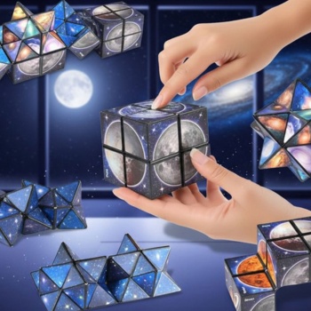 Preview: Zauberwürfel Infinity Cube 2 in 1 Set, magischer Würfel mit Galaxie und Sternen Motiv, verwandelbarer Fidget Würfel und Knobelspiel für alle