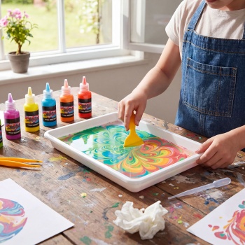 Preview: Marmorier Set für Kinder mit 6 Farben, Wassermalset Bastelset zum Marmorieren mit Wanne, Pipette, Pinzette und 10 Blatt A4 Papier, Malset